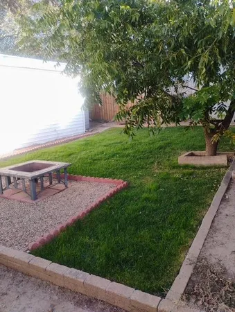 a view of a backyard with a small cabin