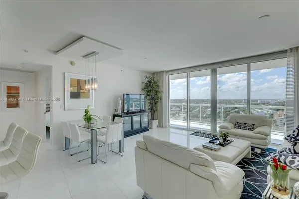a living room with furniture and a large window