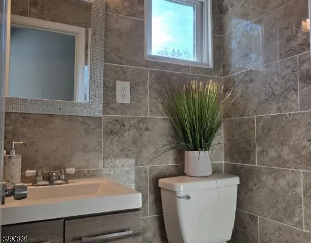 a bathroom with a sink a mirror and a potted plant