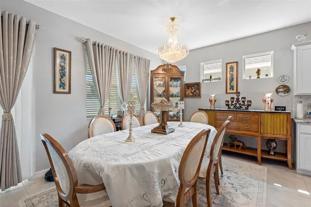 a view of a dining room with furniture