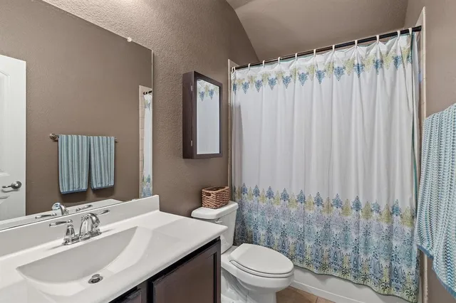 a bathroom with a sink a toilet and shower curtain