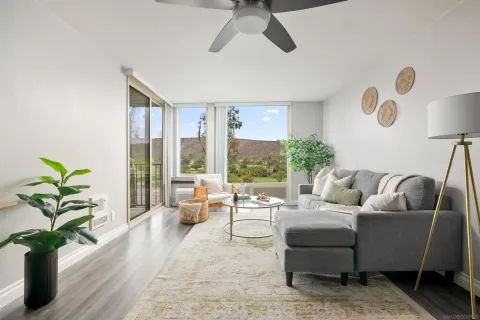 a living room with furniture potted plant and a large window