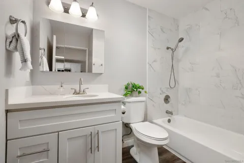 a bathroom with a sink a toilet and shower
