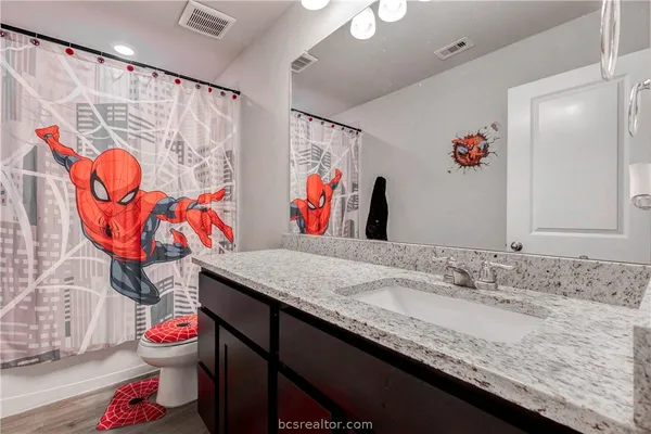 a bathroom with a granite countertop sink and a mirror