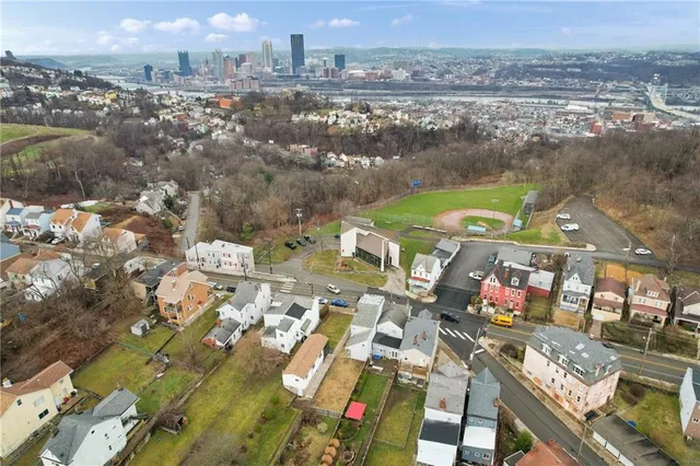an aerial view of a swimming pool