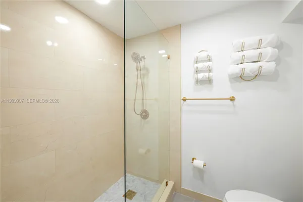 a bathroom with a shower and toilet