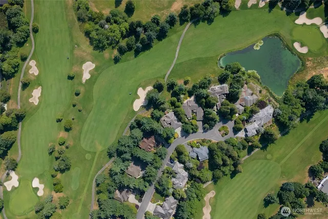 an aerial view of a residential houses with outdoor space and trees