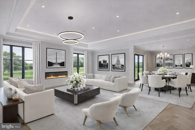 a living room with furniture potted plant and large windows