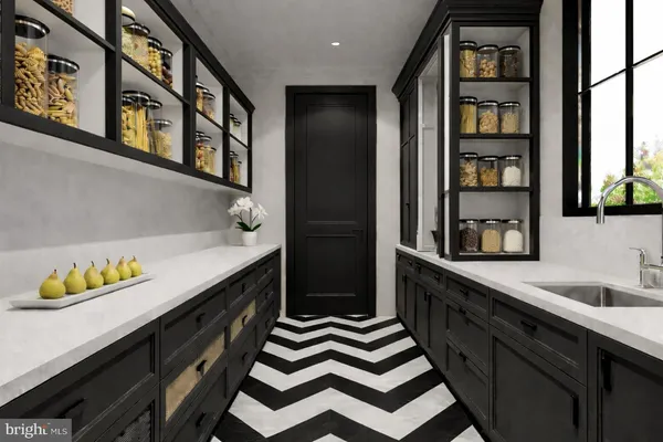 a spacious bathroom with a sink and a mirror