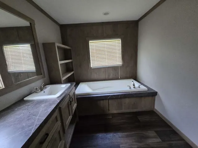 a bathroom with a sink a mirror and a bathtub