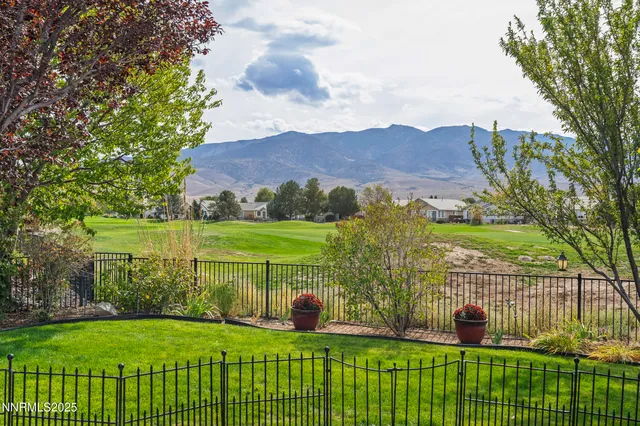 a view of a garden and mountain