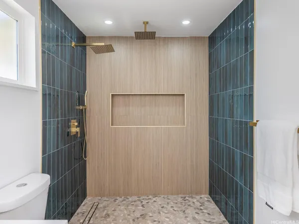 a bathroom with a shower and a toilet