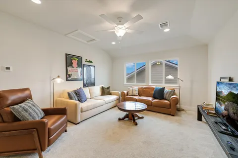 an aerial view of a house with garden