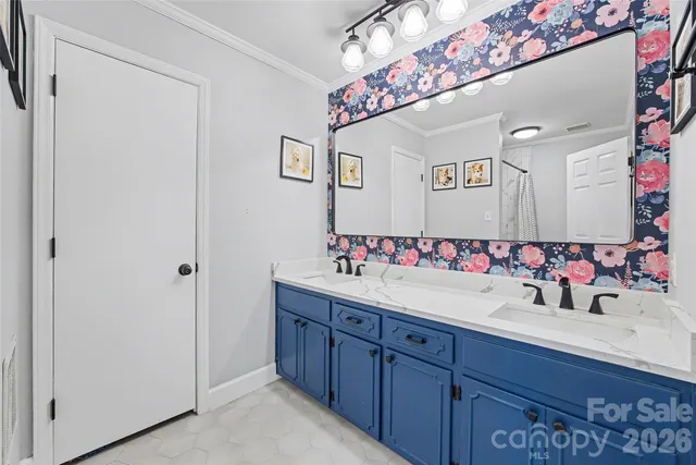a bathroom with a sink mirror and vanity