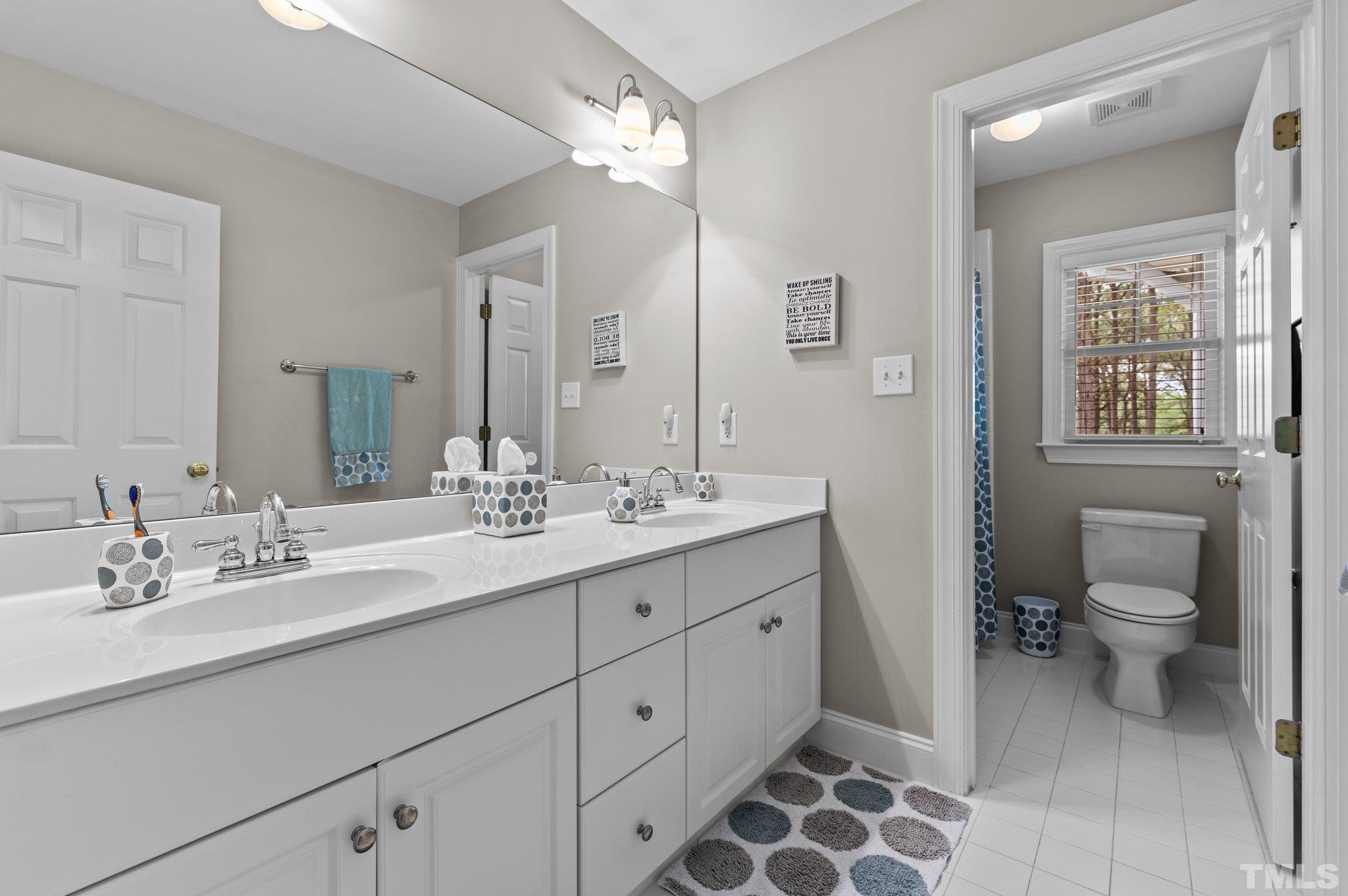 1209 Colonial Club Road Wake Forest, NC 27587 - Photo 15 of 28 a bathroom with a double vanity sink mirror and toilet