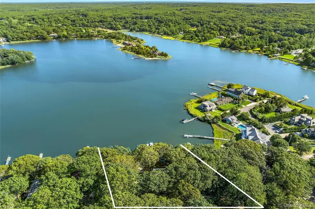 an aerial view of a residential houses with outdoor space and lake view