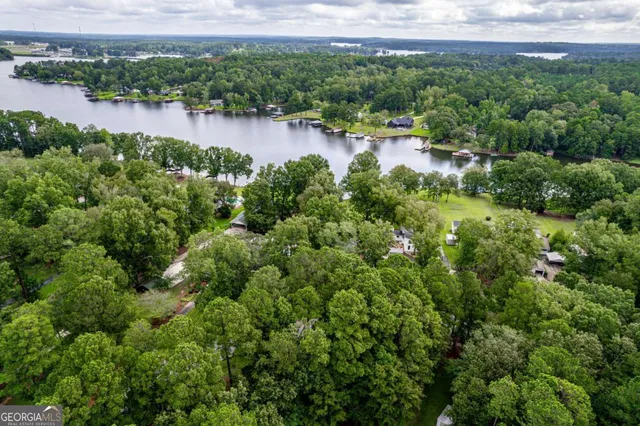 a view of a lake with houses in the back