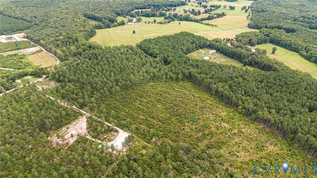 an aerial view of residential houses with outdoor space and trees
