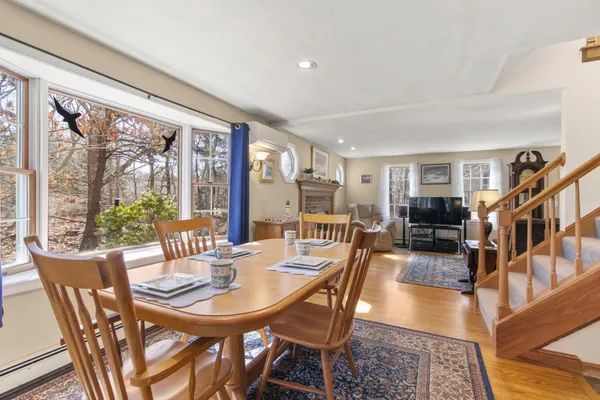 a view of a dining room with furniture window and wooden floor