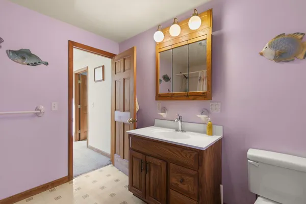 a bathroom with a sink a toilet and a mirror