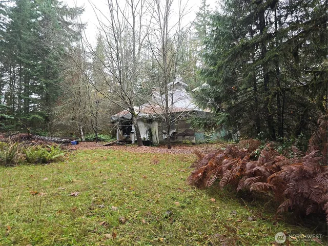 a backyard of a house with lots of green space and fog