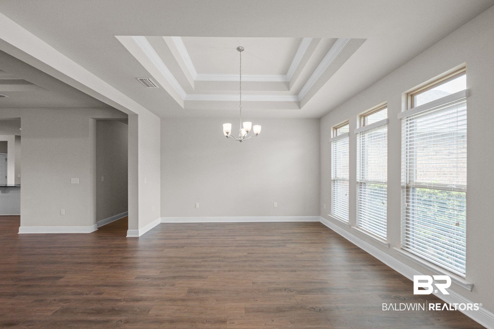 2074 Bourbon Street Foley, AL 36535 - Photo 17 of 46 Spare room featuring dark wood-type flooring, a tray ceiling, and a notable chandelier