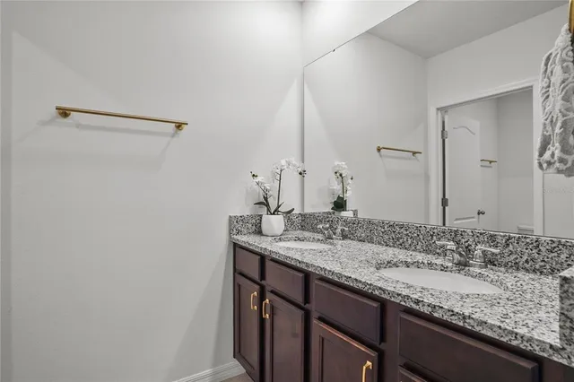 a bathroom with a granite countertop sink and a mirror