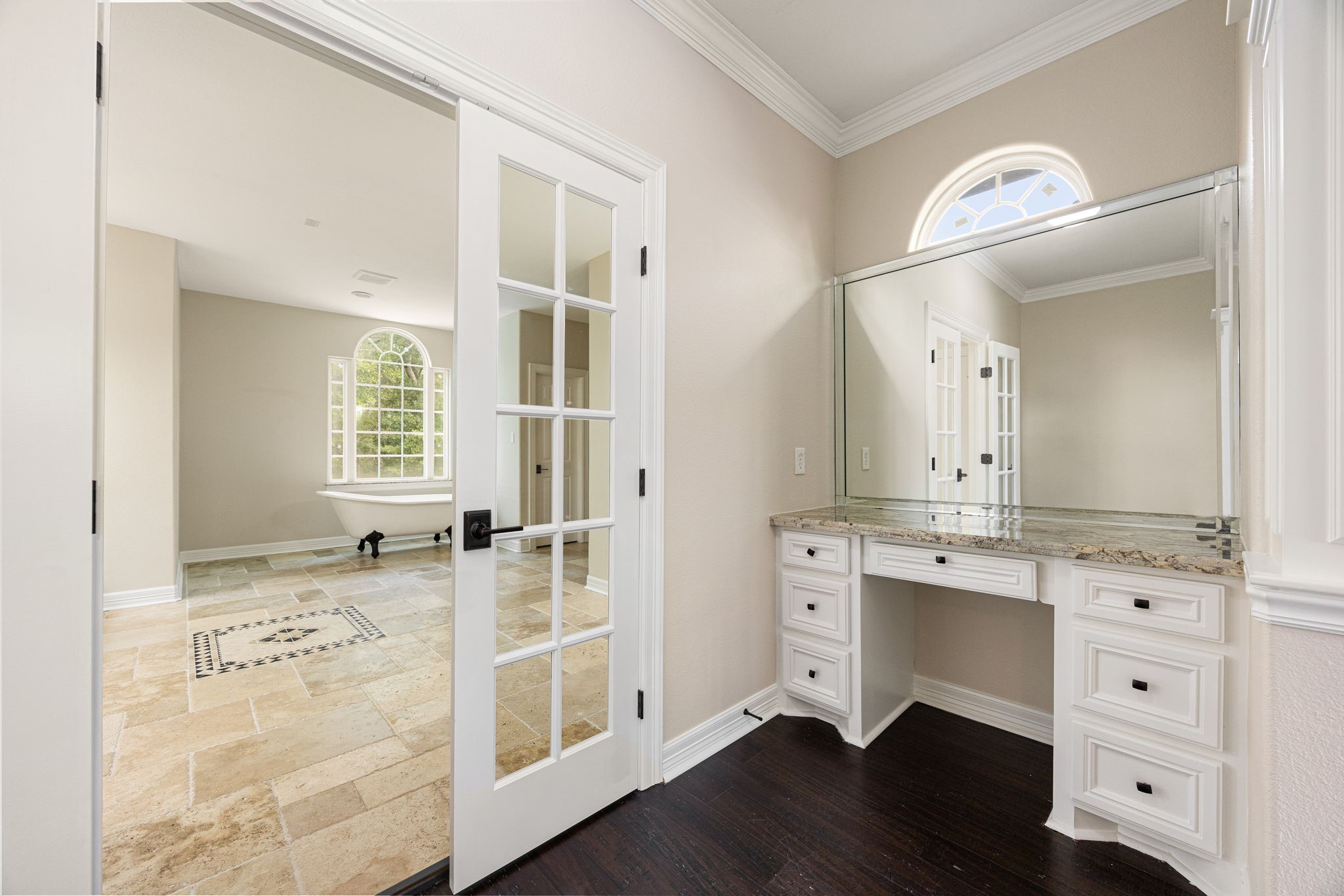 14882 Gingham Road Montgomery, TX 77356 - Photo 29 of 38 a spacious bathroom with a granite countertop sink and a mirror