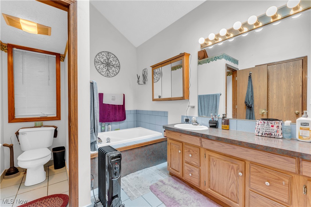 6834 Glendale Road North Ridgeville, OH 44039 - Photo 20 of 37 Bathroom featuring lofted ceiling, tile patterned flooring, vanity, and a bath