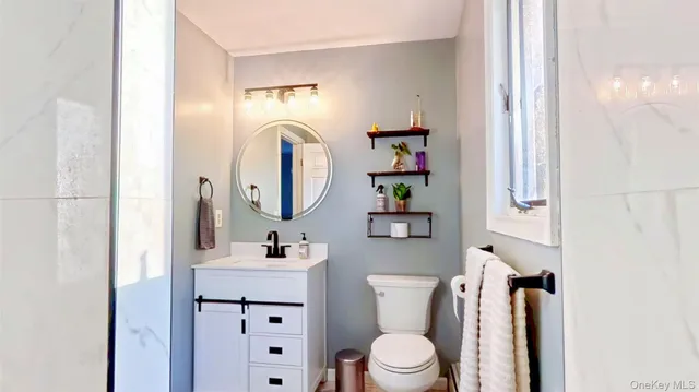 a bathroom with a toilet sink and mirror