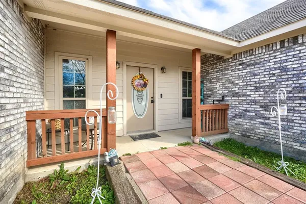 a porch with seating space