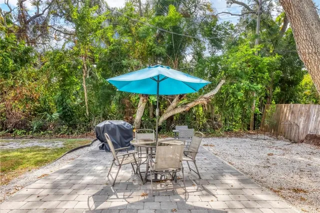 a backyard of a house with table and chairs