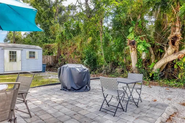 a view of a backyard with furniture and plants