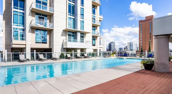 a view of a building with a swimming pool