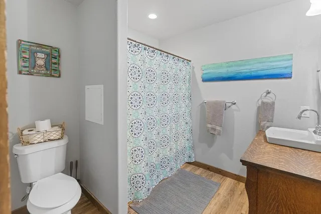 a bathroom with a sink a toilet and shower curtain