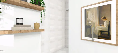 a view of a hallway with wooden floor and a bathroom
