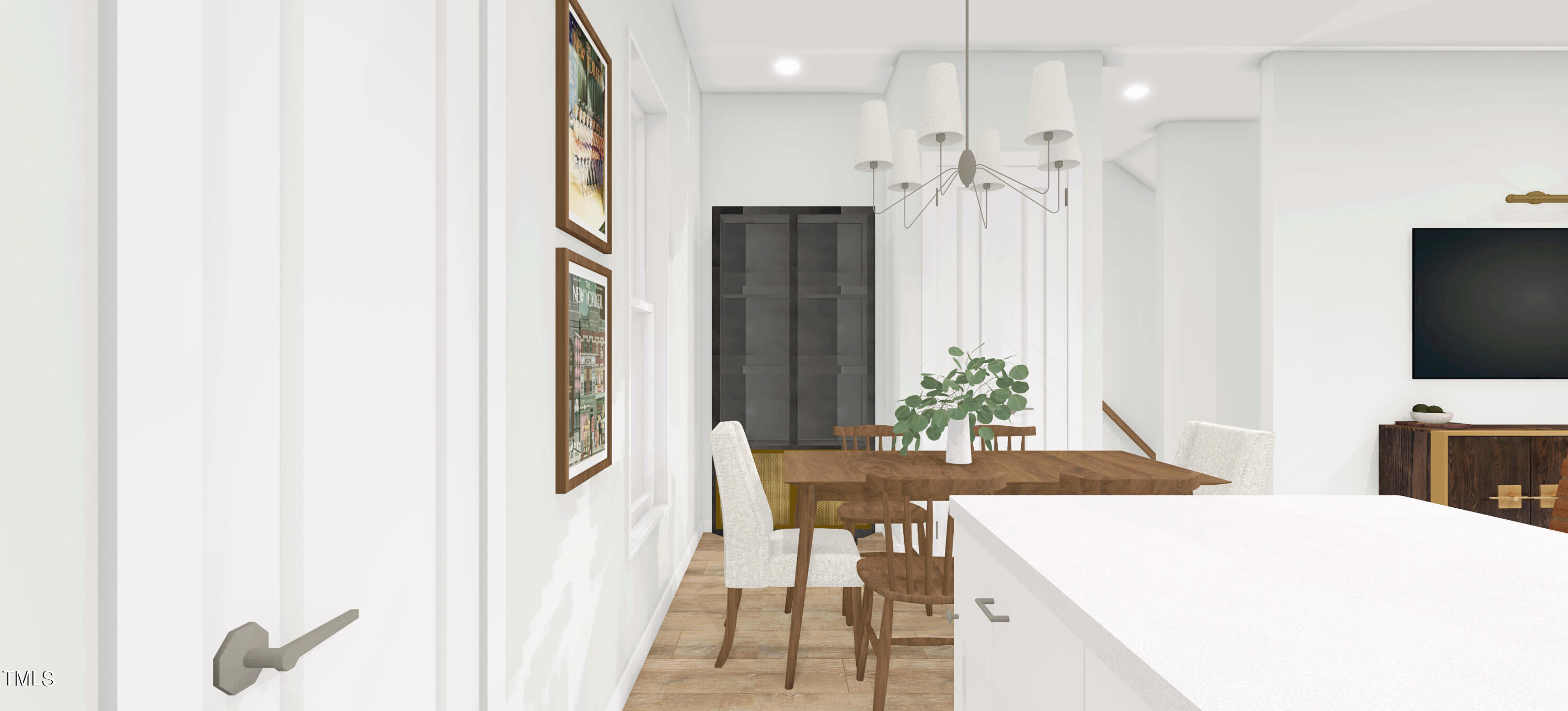 801 Martin Luther King Jr Boulevard, Unit B Raleigh, NC 27601 - Photo 7 of 67 a dining room with furniture a chandelier a mirror and a flat screen tv