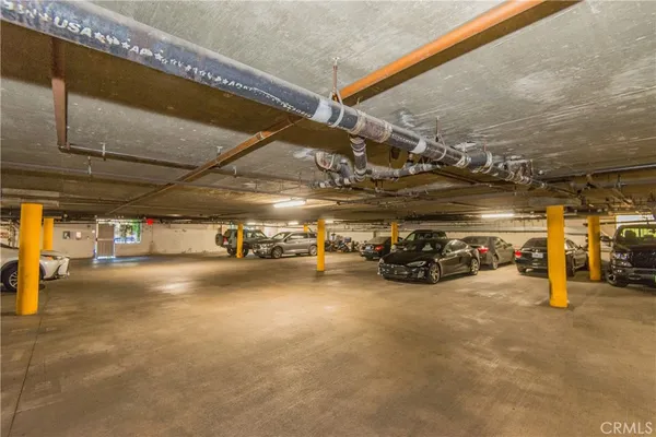 a view of a garage with storage