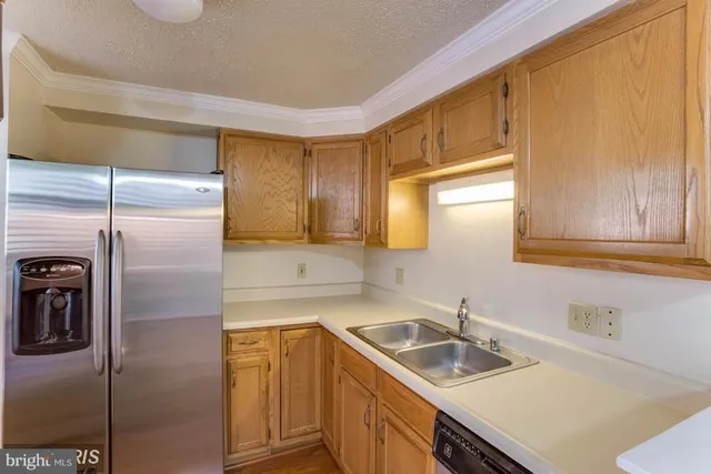 a kitchen with a sink refrigerator and cabinets