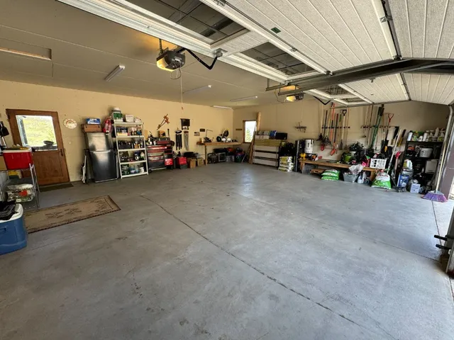 a view of a garage with storage