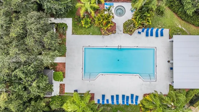 swimming pool view with a garden space