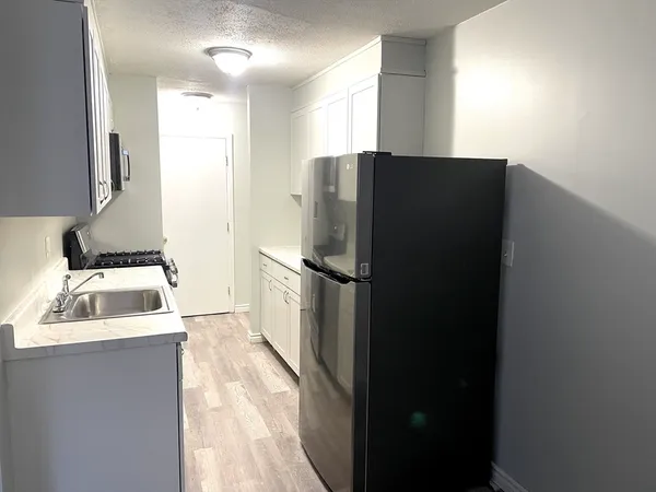 a kitchen with a refrigerator and a sink