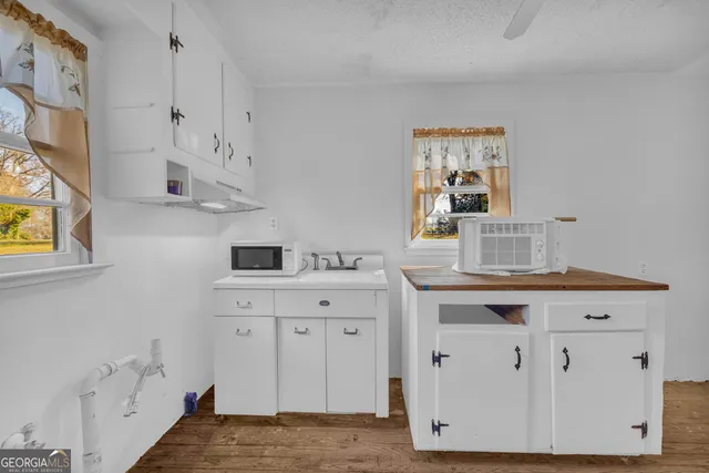 a view of cabinets a sink a window and a potted plant on a dresser