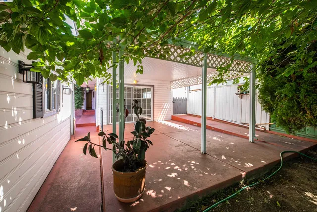 a view of a patio with table and chairs potted plants and large tree