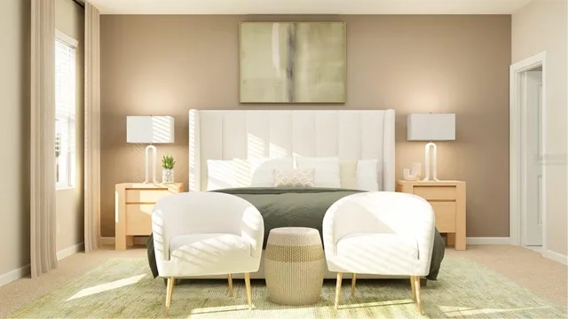 a living room with furniture and a lamp