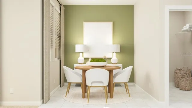 a dining room with furniture and a window