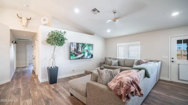 a living room with furniture and a potted plant