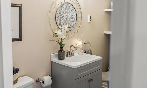 a bathroom with a sink and a mirror