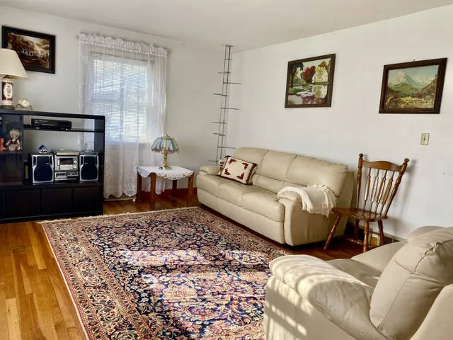 a living room with furniture and a rug