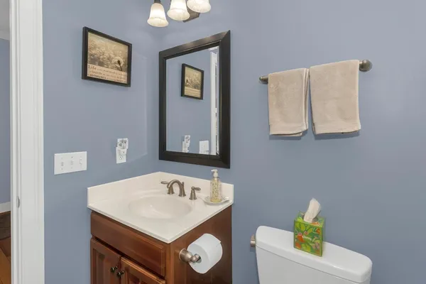 a bathroom with a sink mirror and vanity